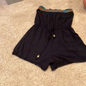 Embroidered Black Strapless Romper